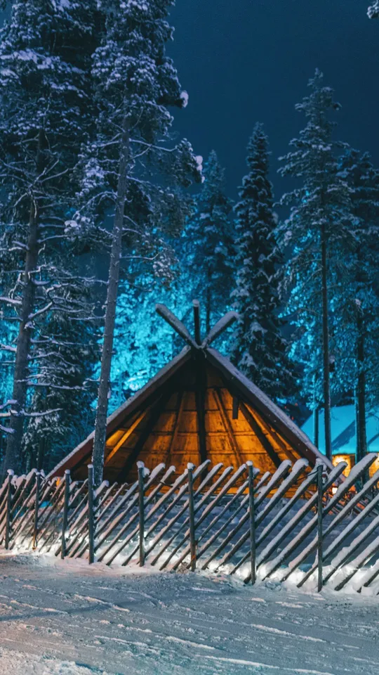 Kota di legno tra gli alberi di notte